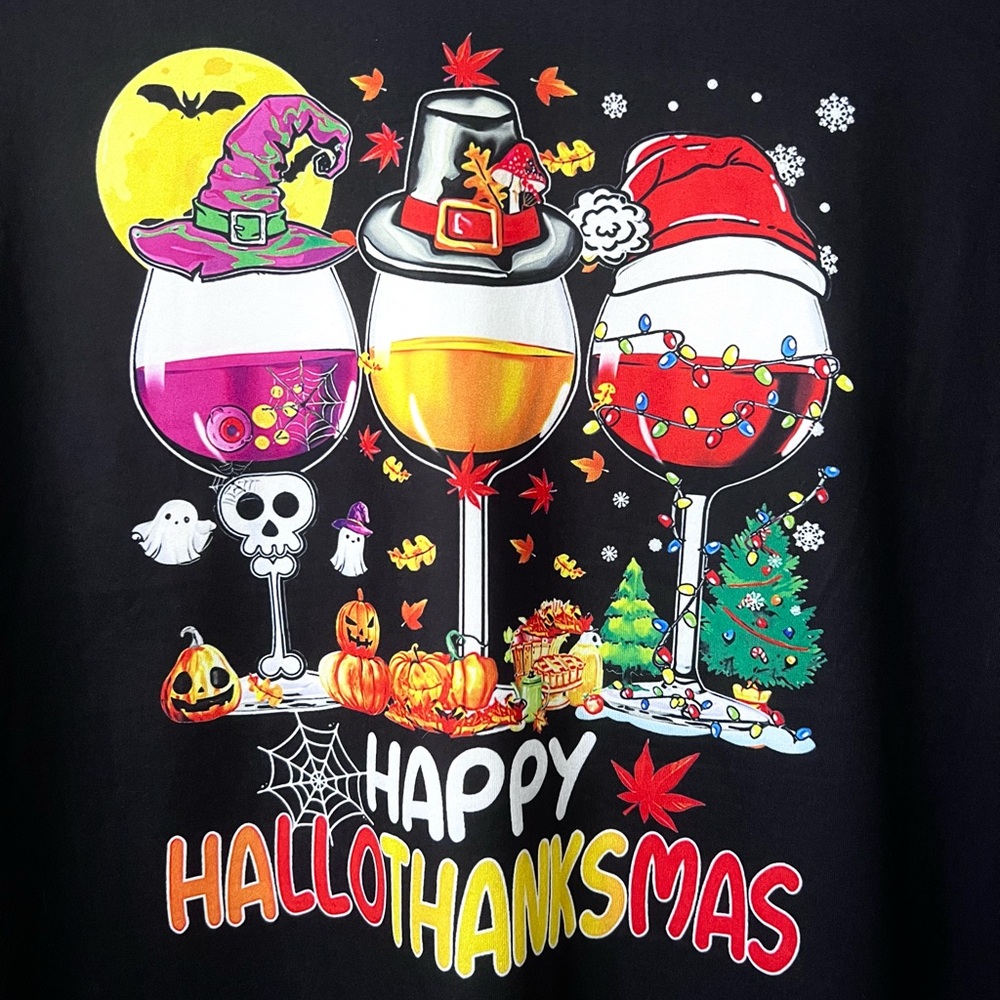 Happy Hallothanksmas Black V-Neck Long-sleeve T-Shirt